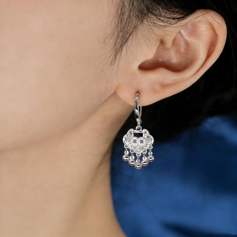 Elegant 999 Sterling Silver Peace Lock Earrings for Women - Light Luxury, Wealth-Attracting, Niche Design with Earring Backs, Perfect Gift