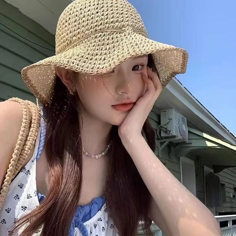 Summer Straw Bucket Hats For Women Hollow Vent Panama Cap Female Foldable Fisherman Hat Outdoor Travel Sun Protection Hats Gorro