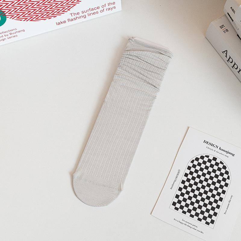 Boneless Pile Socks for Women, Summer Thin Mid-calf Socks, White Long Socks with Small Leather Shoes, Postpartum Socks, Summer Long Calf Socks