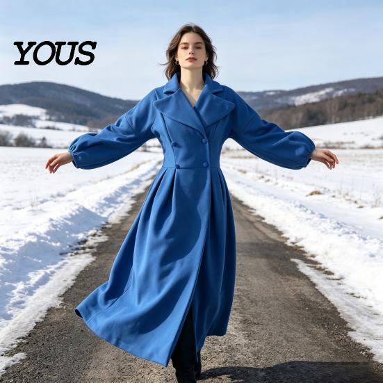 Cappotto Casual Lungo Donna Lana per Autunno Inverno, Soprabito Autunno Inverno con Maniche a Lanterna e Bavero a Tacca, Trench Doppiopetto con Tasche Abbigliamento