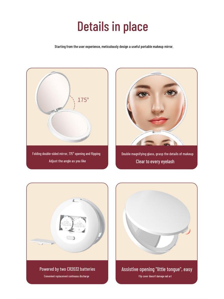 Portable LED Mini Makeup Mirror with Monochrome Light - Handheld and Battery Operated