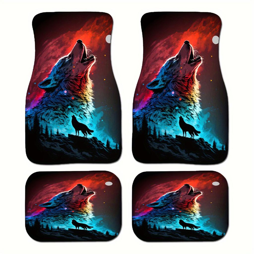 4 Peças Tapete com Estampa de Lobo Colorido Tapetes de Chão para Carro para Auto Van Caminhão SUV - Conjunto Completo Dianteiro e Traseiro Ajuste Universal Proteção Decoração do Interior do Carro