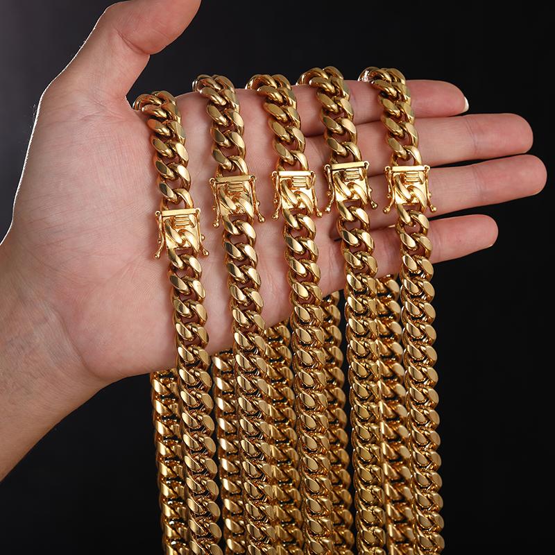 Factory Hip Hop Jewelry Men 8-14mm 18K Gold Plated Stainless Steel Miami Cuban Link Chain Luxury Necklace