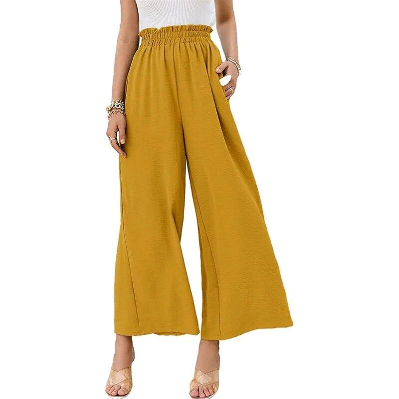 Primavera Estate Cotone e Canapa Abbigliamento da Donna Tinta Unita Vita Alta Ampi Casual Pantaloni a Gamba Larga per Donna Tinta Unita