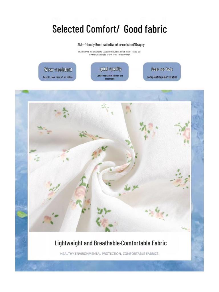 Women's White Ice Silk Floral Wide-Leg Pants - Yamamoto 2025 Collection for Spring, Summer, and Autumn - Casual, Petite, Textured Design