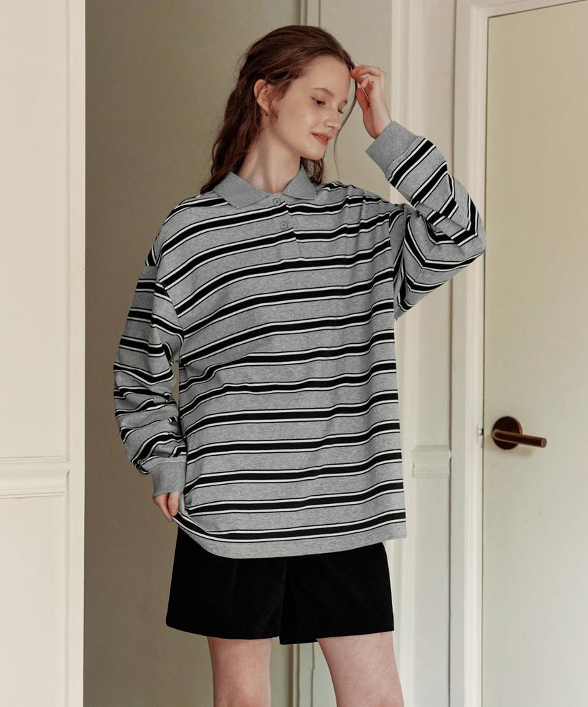 ZEROSTREET [2 Colors] Striped Rugby Collar T-Shirt