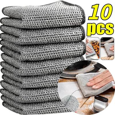 10-1PCS Metal Steel Wire Cleaning Rags Home Kitchen Pot Dish Pan Magic Dishcloth Towels Double Layer Non Stick Oil Steel Wire Rag Cloths