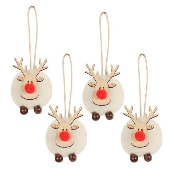 4 Pcs Christmas Elk Ornaments Felt Reindeer Plush Hanging Decorations with Wooden Head Fluffy Deer Pendants for Christmas Party Home Decor