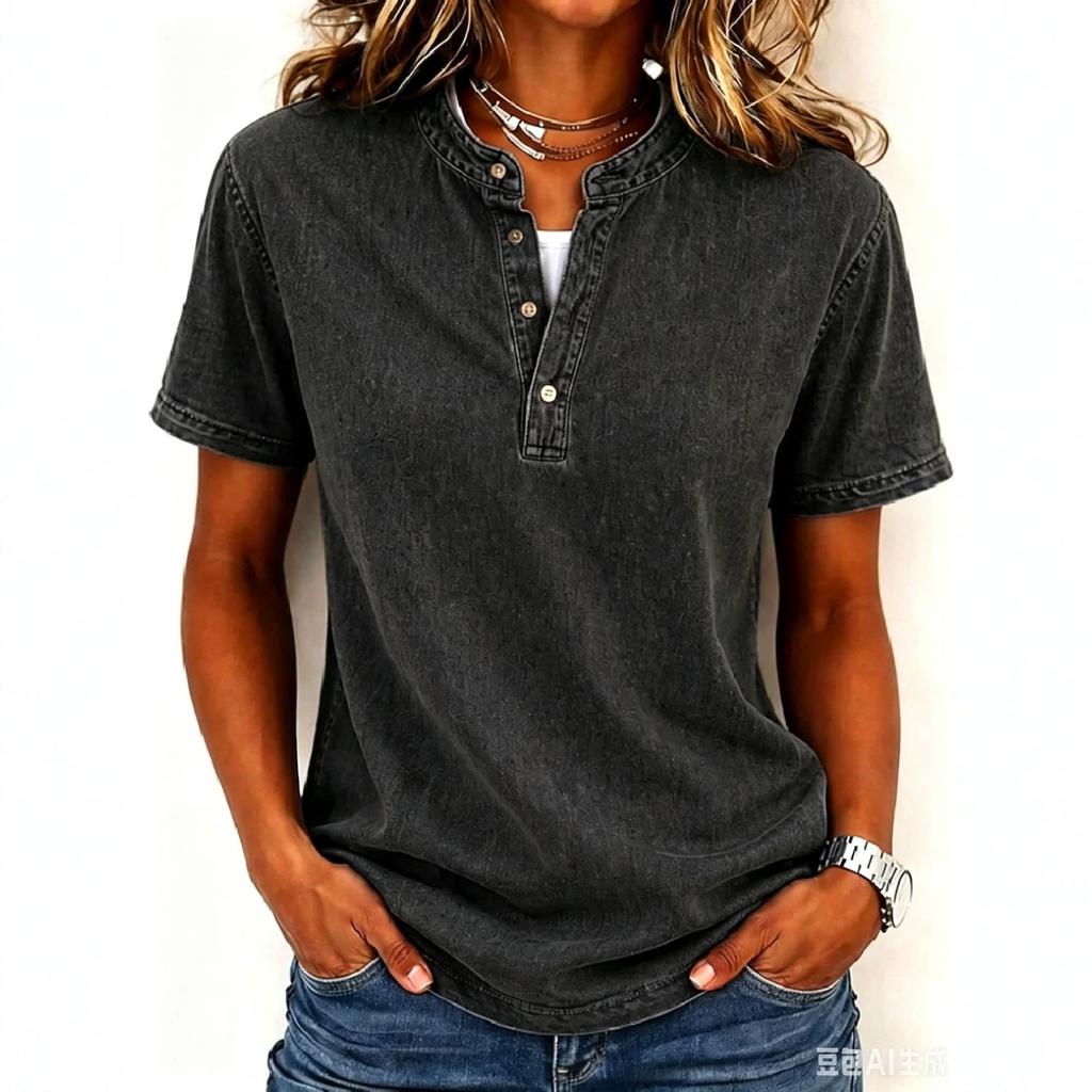Europe and the United States for summer new women's tops casual versatile retro short-sleeved loose v-neck T-shirt