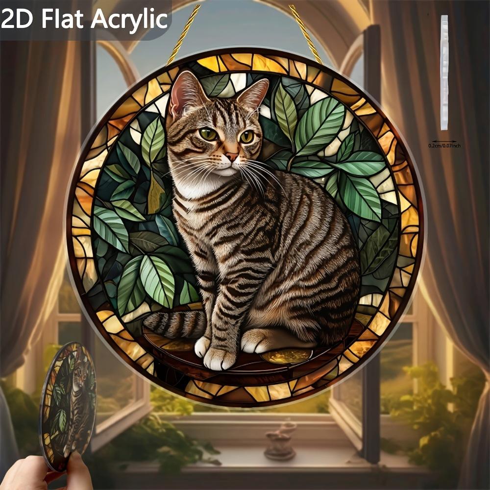 Яркий и Милый Котик Витражный Ловец Солнца-Круглый Акриловый Полупрозрачный Подвесной-Декор для Крыльца, Двери, Дома, Сада, Двора, Комнаты-Идеальный Подарок 20*20cm