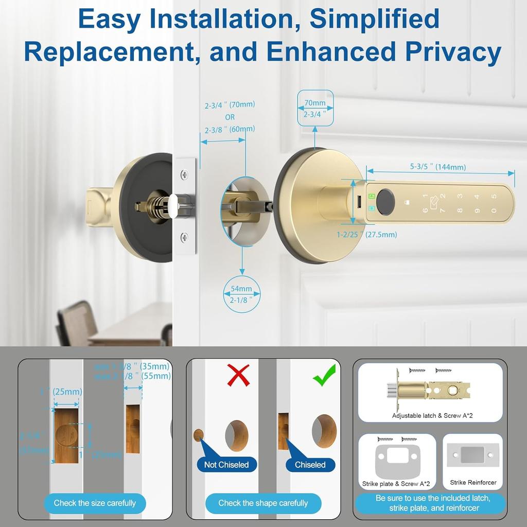 Fingerprint Door Lock Smart Fingerprint Door Knob with Keyless Entry Biometric Door Lock with Keypad App Control Easy Installation for Home Bedroom