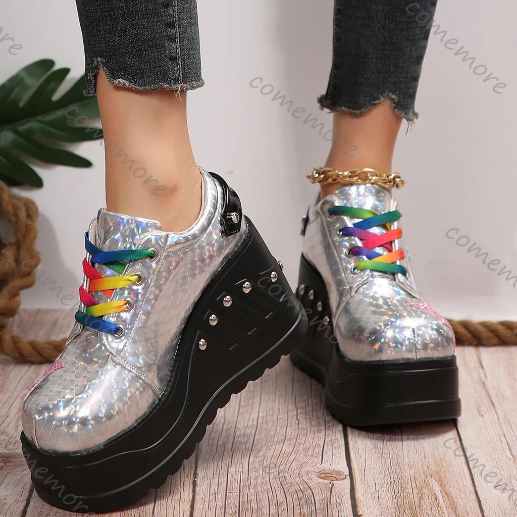 Women Sneakers 2025 New Platform Wedge Plus Size Rainbow Sneakers Women Silver Sequin Punk Designer Shoes Women