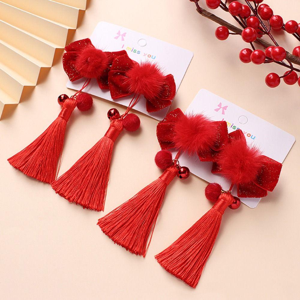 2pcs Tassel Baby Wig Hairpin Chinese Style Red Bowknot Hairclip Children's Bow Wig  New Year Festive