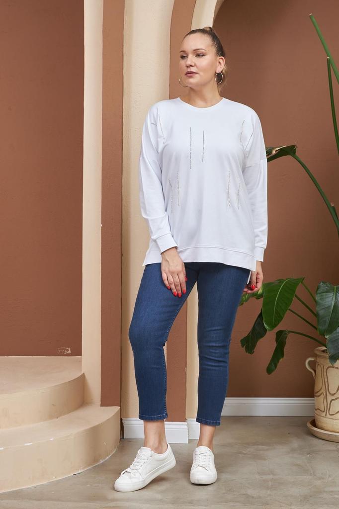 Damen Stil Übergröße Sweatshirt Stein Detailliert Schlitz Übergröße Schwarzes Sweatshirt