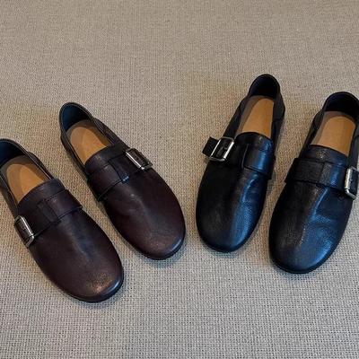 Op voorraad: Dames Echt Lederen Zwarte Loafers - 2025 Lente/Herfst Collectie - Zachte Zool Retro Flats