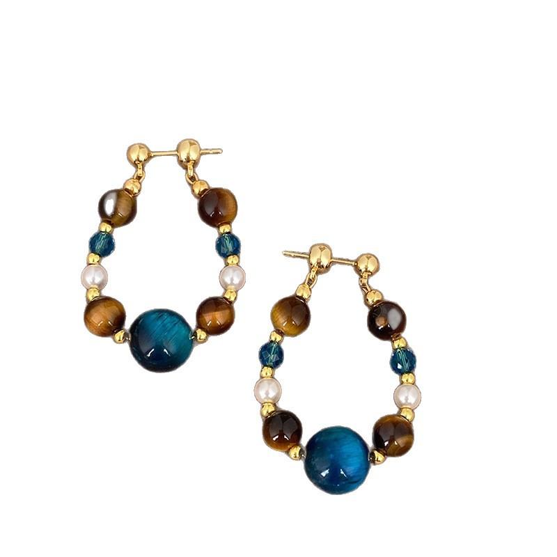 Textured Water Drop Hoop Earrings Mix Color Natural Stone Tiger Eye Crystal Imitation Pearl Beads Strand for Women Brinco