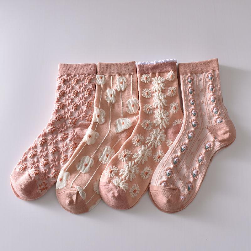 5 Stück/weiße florale Mid-Tube-Socken für Damen, trendige japanische Pudernebelfarbe, Student Loli Spring, dünner Abschnitt, JK-Socken, Pink, Neu