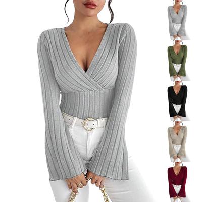 Women's Fashion Autumn And Winter Ribbed Solid Color V-neck Slim Long-sleeved T-shirt Tops