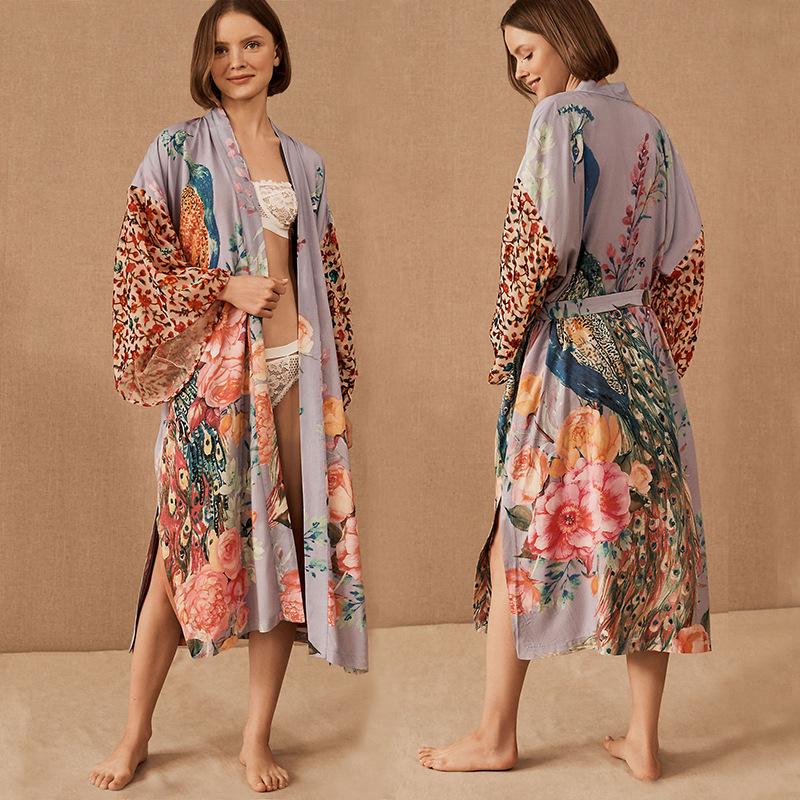 Beach Women Peocock Printed Swimsuit Cover Up Self Belted Wrap Dresses Seaside Bathing Suits Beachwear