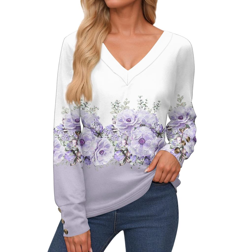 Women's Tops Long Sleeve Cuffs Button-Up Shirt V-Neck Casual Loose Tee Floral Tops