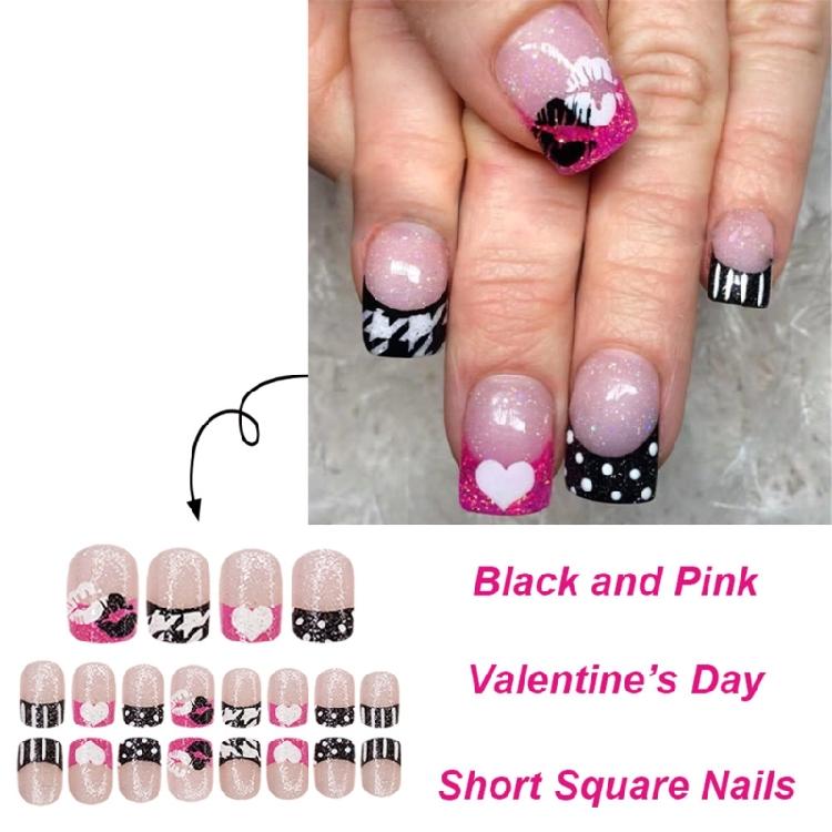 24 Pcs Short Square Artificial Nail Heart Lip Print Stick on Nail Valentines Day False Nail French Tip Press On Nail