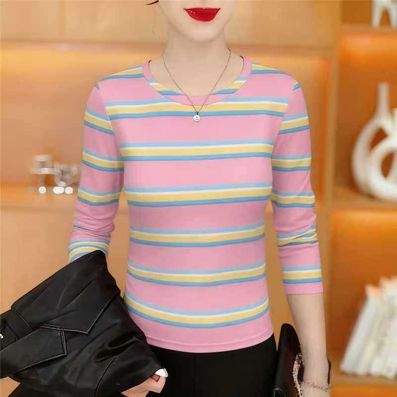 

Women s Striped Long-Sleeve Round Neck T-Shirt, Fashionable Slimming Base Layer, Tummy-Covering, Versatile as Inner or Outer Layer. XL