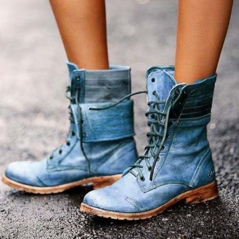 Übergröße 36-43 Schuhe für Damen Herbst Stiefeletten Stickerei Schnürung PU-Leder Damenschuhe Damenschuhe Botas De Mujer