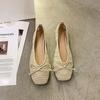 Woman Footwear Kawaii Apricot Shoes For Women With Bow Flats Flat Cute Normal Leather Casual Square Toe Korean Style Chic Point