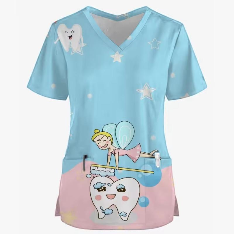 

Frosted Uniforms Women Dental Prints Hospital Pet Store Accessories Surgical Tops Neutral V-neck Nurse Unifo S