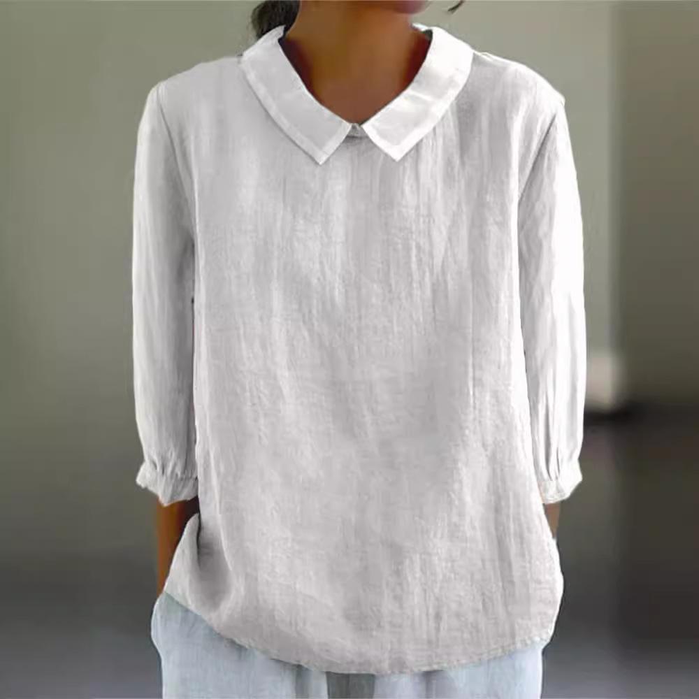 Women's Peter Pan Collar Cotton Blouse 3/4 Sleeve Loose Casual Pullover Shirt Summer Solid Textured Tunic Top