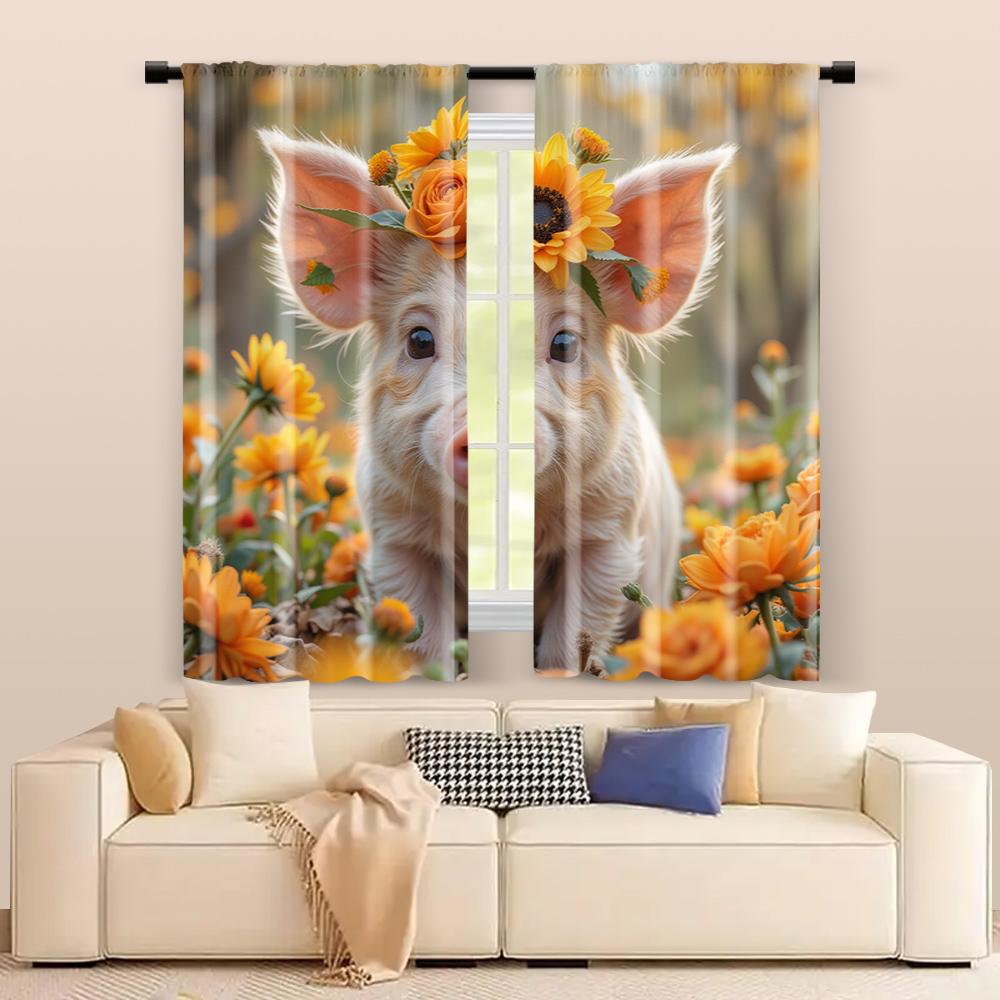 2 Pcs, Filtering Curtains (excluding Rods, Non-movable, Without Batteries) Floral Piglet for Use In Bedrooms and Living Rooms