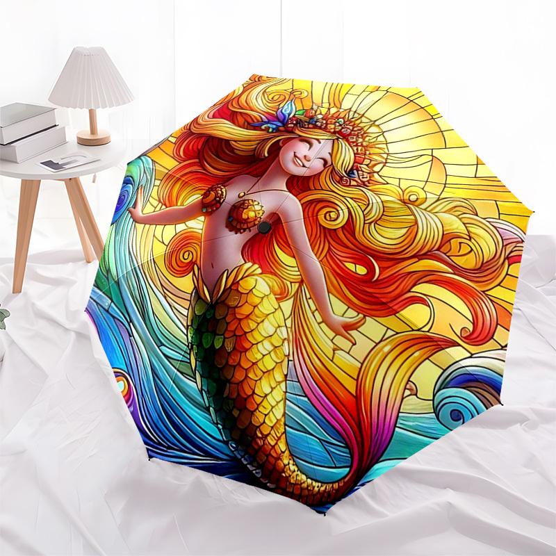 1pc Stained Glass Mermaid Auto-Folding Umbrella - Portable 3-Fold Design with 8-Bone Iron Frame, Perfect for Outdoor Use, Festive Gifts, Travel, Daily