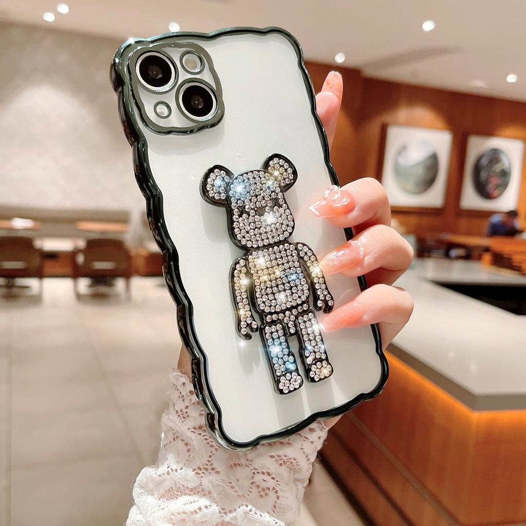 Aplicable a la funda para teléfono móvil IPhone16Pro Borde ondulado Electrochapado Apple 15 Oso violento con diamantes 14 Funda de protección de cobertura total