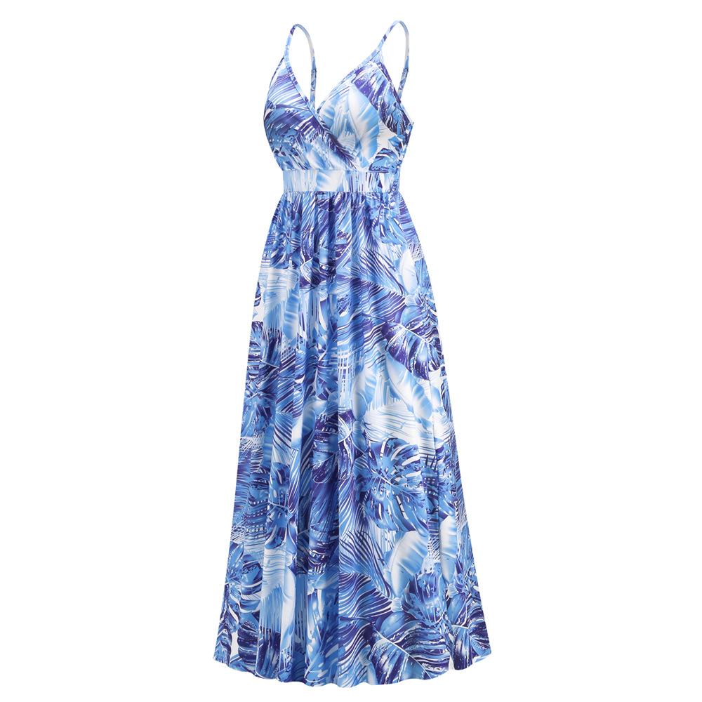 Women's V Neck Bohemian Strap Printed High Waist Sling Floral Dress