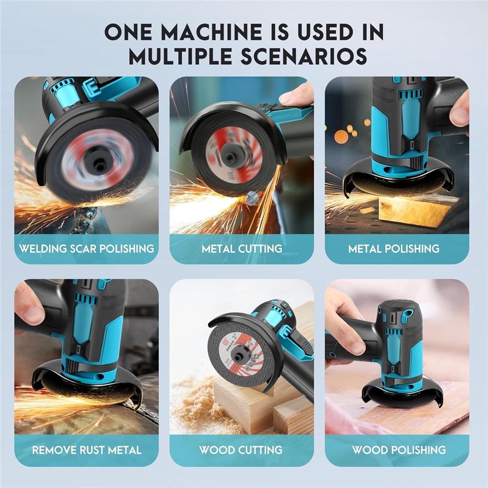 12V mini cordless angle polisher, comes with 2 1300mAh batteries, 19,500 RPM, 6 cutting discs, 3-inch/76mm side disc, polisher