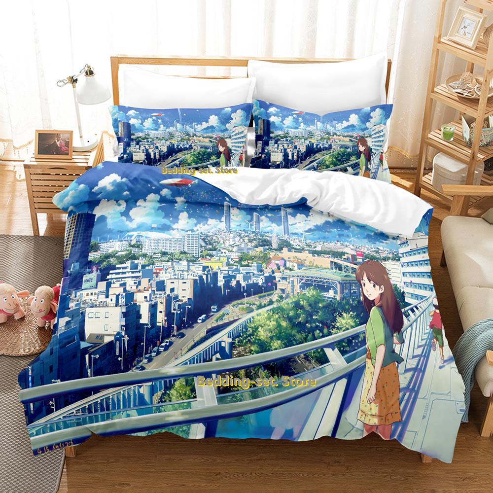 Zestaw pościeli Anime City Pojedynczy Bliźniak Pełny Queen King Size Zestaw do łóżka Sypialnia dla dorosłych Dzieci Zestawy poszewek na kołdrę Druk 3D Prześcieradło Anime