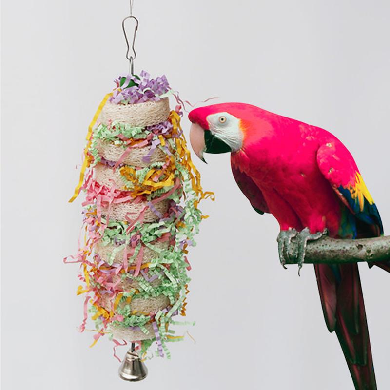 2Pcs Natural Loofah Hanging Parrot Chew Toy with Bell for Bird Cage