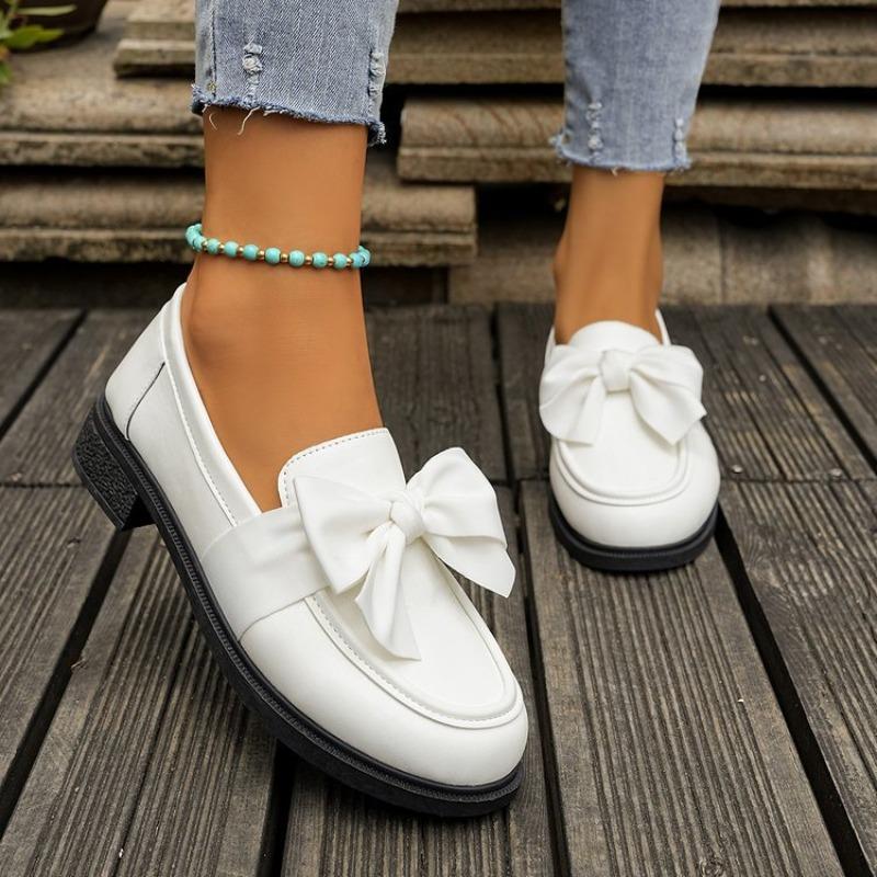 Women's Retro Thick Sole Chunky Heel British Style Bow Loafers.