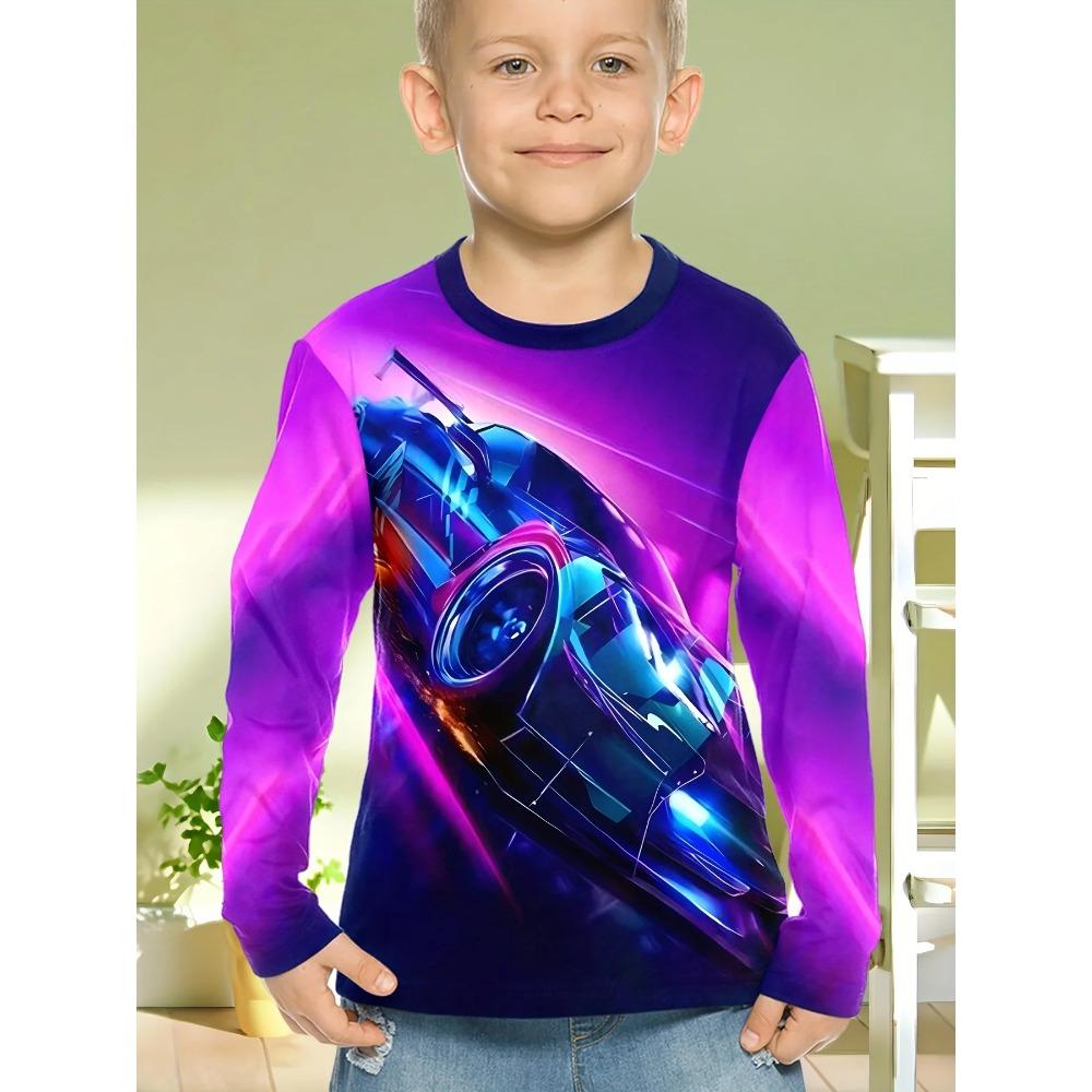 Spring and Autumn Round Neck Motorcycle Pattern 3D Printed Top Fashionable Casual Long Sleeved Children's Boy T-shirts