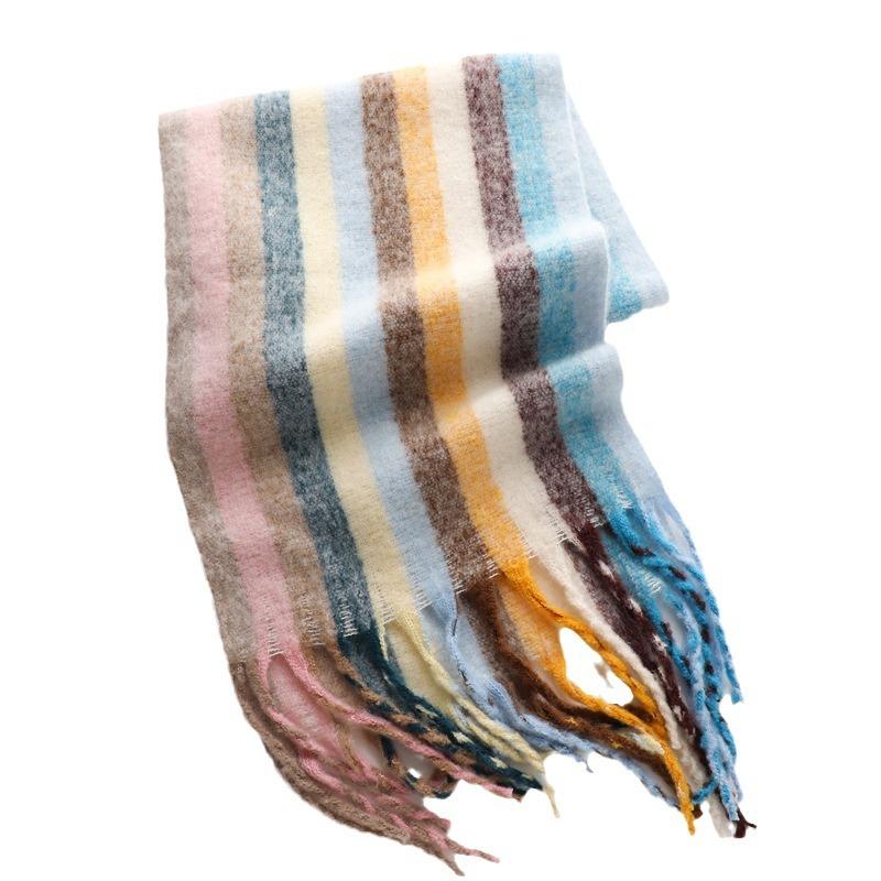 New rainbow striped imitation cashmere scarf, versatile in autumn and winter atmosphere, sweet and cute scarf, thickened and warm