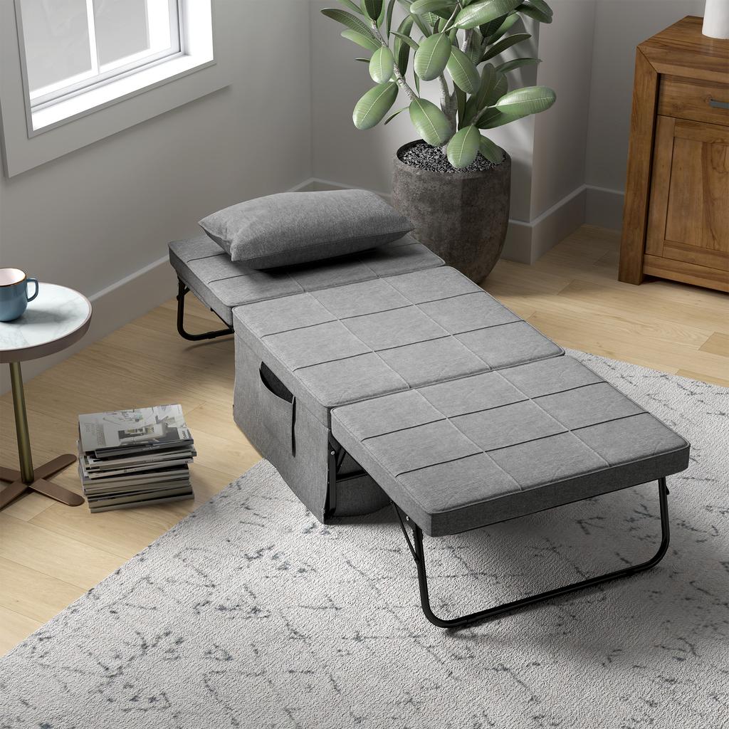 4-in-1 Folding Bed, Guest Bed, Height-Adjustable, Mattress, Side Pockets, Metal Frame, Gray, 188 X 75 X 38 Cm