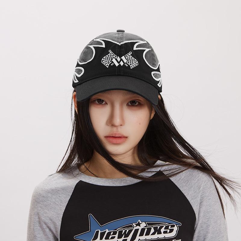 Street Trendy Brand Big Head Circumference Baseball Cap Contrasting Color Flame Splicing Washed Embroidery Hip Hop Sunshade Cap