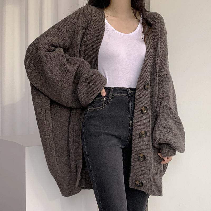 Plus Size Women Sweater Autumn Winter Loose Knitting Korean Lantern Sleeve Cardigan Single Breasted Oversized Sweaters