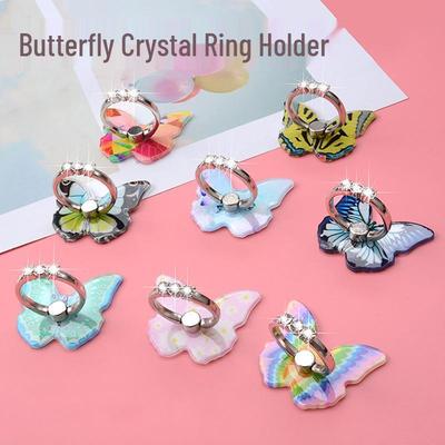 Butterfly Rhinestone Phone Ring: Colorful, Cartoon Stand, Ultra-Thin, Anti-Lost Universal Buckle.