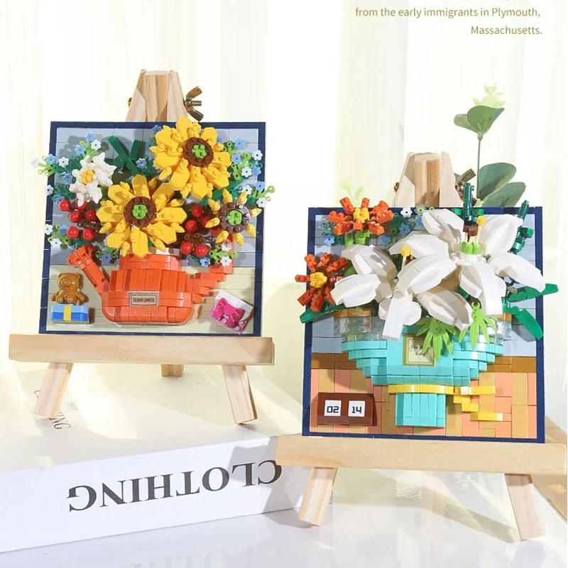 Flower Painting Exhibition Building Blocks Toys, DIY Educational Building Blocks, Desktop Ornaments Perfect Gift