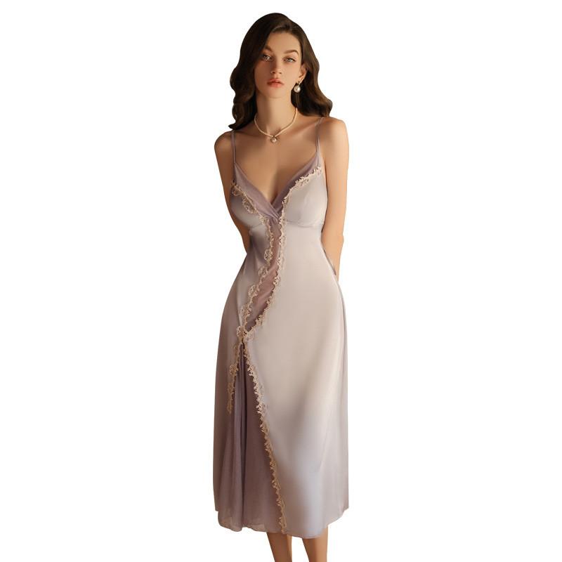 Long Silk Sleepwear Set With V Neck Sleeveless Design For Women Relaxation