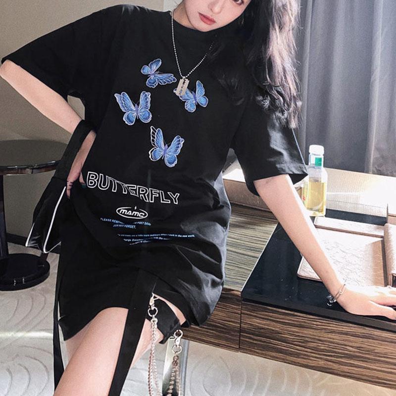 Butterfly Embroidery Letter Printing T-Shirt Solid Cotton Tee Female Casual Short Sleeves Tops