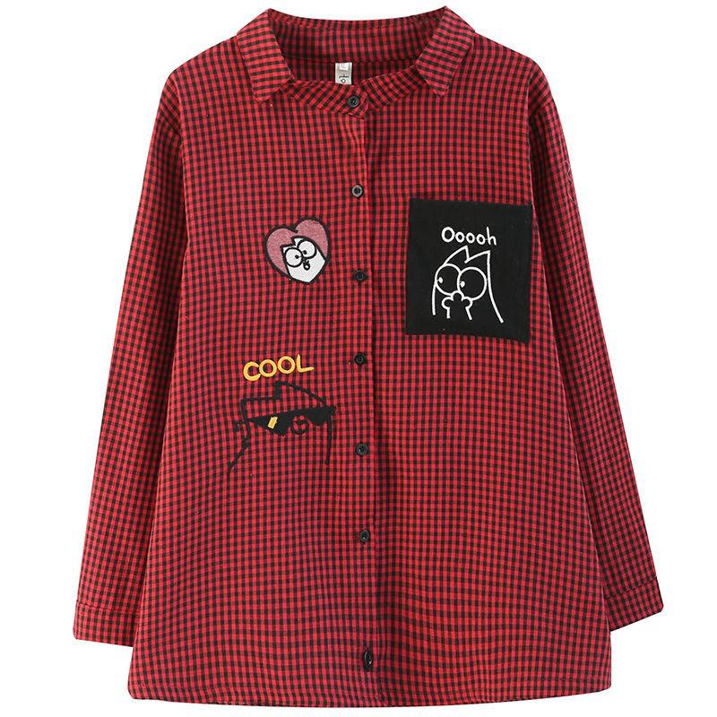 Camisa Casual para Mujer Estilo Coreano Vintage Estampado a Cuadros Bordado de Dibujos Animados Oversize Femenina Mujer Blusas Camisas