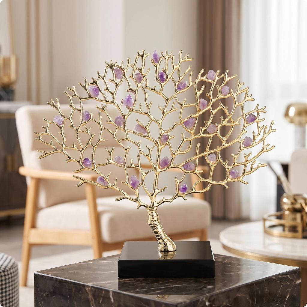 Tree Ornament with Crystal Goldgolden Metal Branch Sculpture Sculptural Figurine for