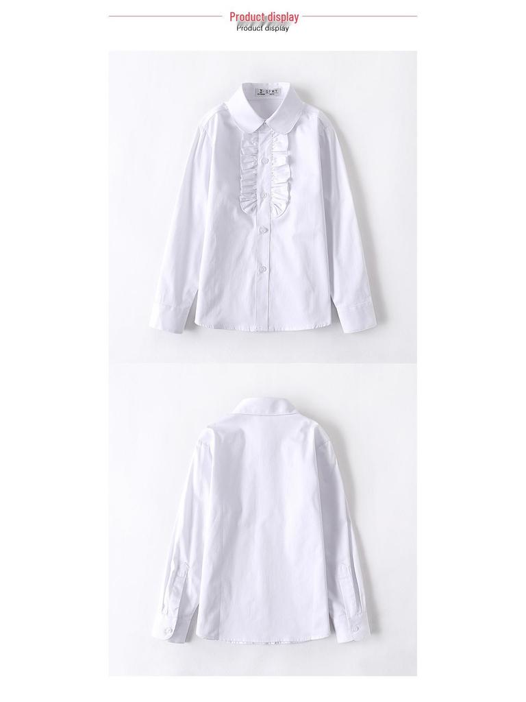 Girls' White Fleece-Lined Cotton Shirt: Long-Sleeved School Uniform for Elementary to Middle School.